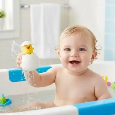 Jouet pour le bain bébé, qui s'amuse avec son oeuf canard en situation