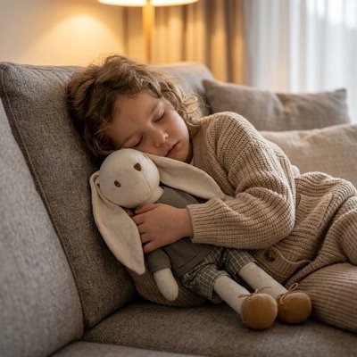 jouet textile aux longues oreilles avec enfant qui dort