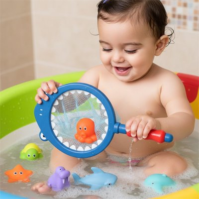 Jouets de bain bebe attrape avec son filet dans sa baignoire