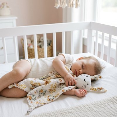 lapin doudou fleurit avec bébé qui fait la sieste