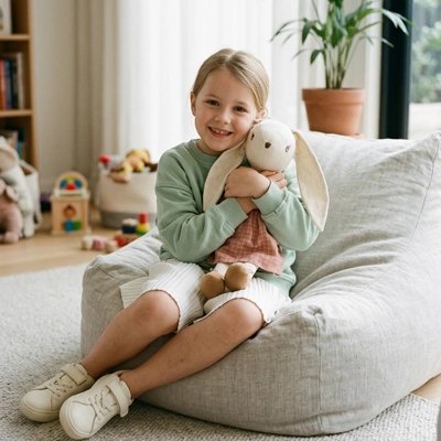 lapin en peluche dans les bars d'une fille sur coussin 
