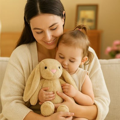 Lapin peluche beige avec fillette et maman | Alan Eveil™