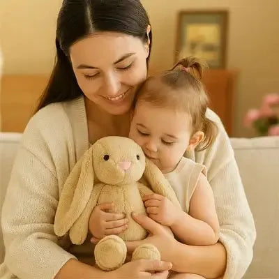Lapin peluche beige avec fillette et maman