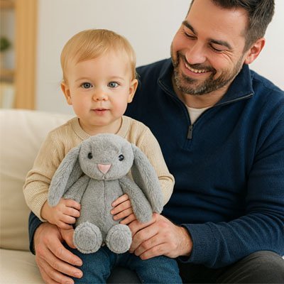 Lapin peluche gris avec garçon et son papa