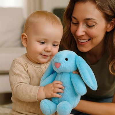 Lapin peluche bleu avec bébé et maman