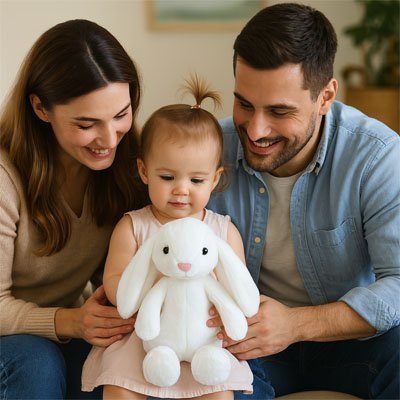 Lapin peluche blanc avec jeune fille et ses parents