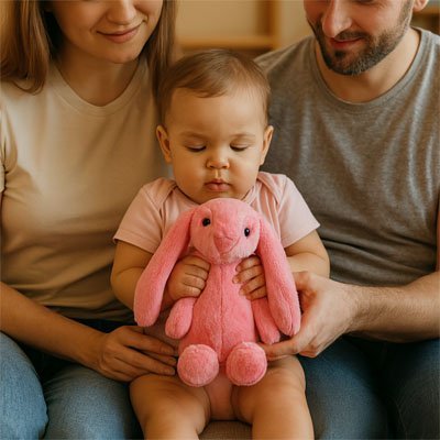 Lapin peluche rose avec bébé et ses parents