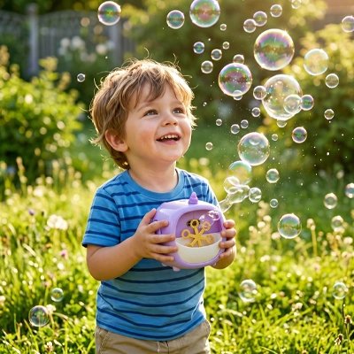 Machine à bulles licornes en action a l'extérieur avec garçon