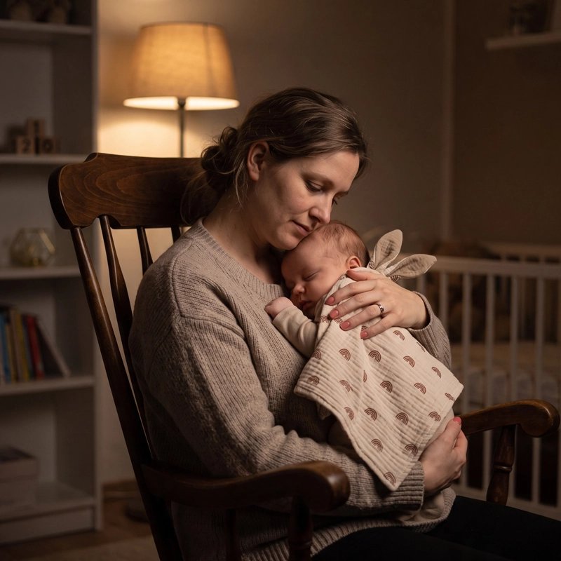 maman berçant bebe endormi avec doudou lange bebe