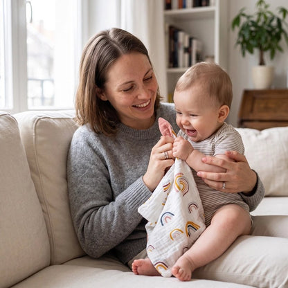 maman et bebe avec doudou lange bebe arc en ciel