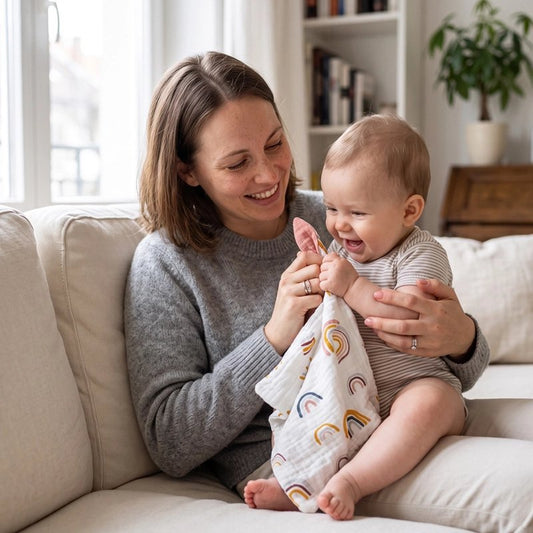 maman et bebe avec doudou lange bebe arc en ciel