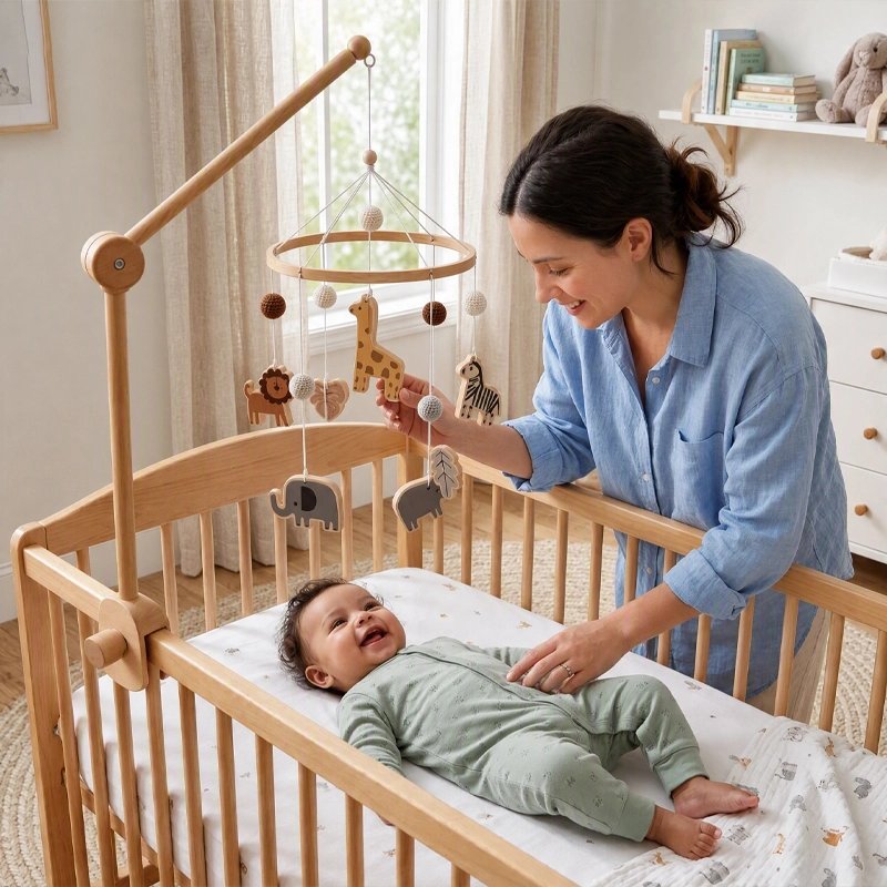 maman et bebe avec mobile bebe animaux bois
