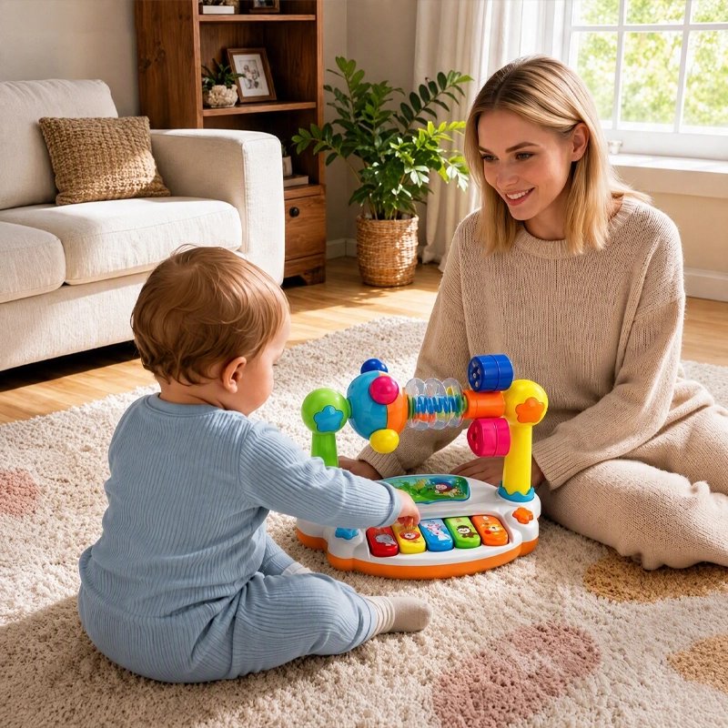 maman et bébé avec piano musical pour bébé