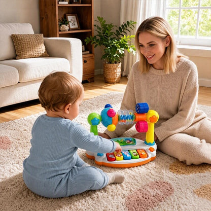maman et bébé avec piano musical pour bébé