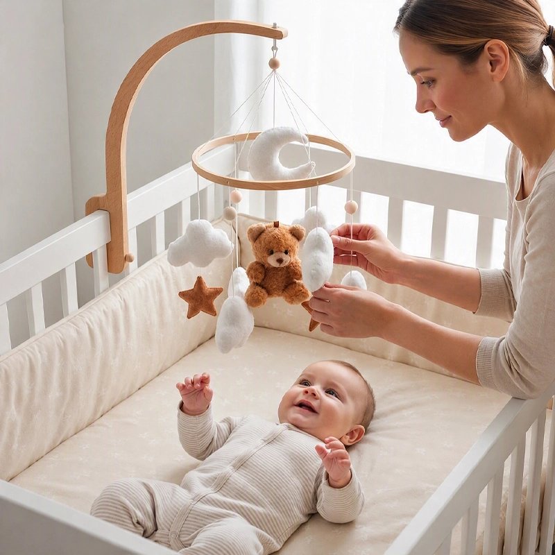 maman installant mobile pour lit bébé bois