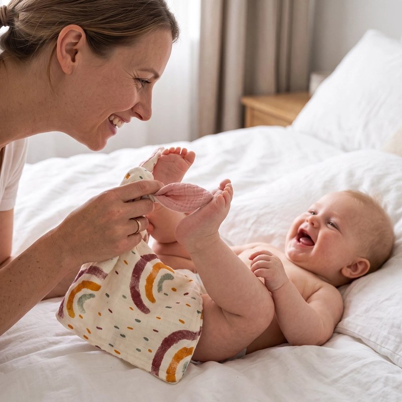 maman jouant avec bebe tenant doudou lange bebe