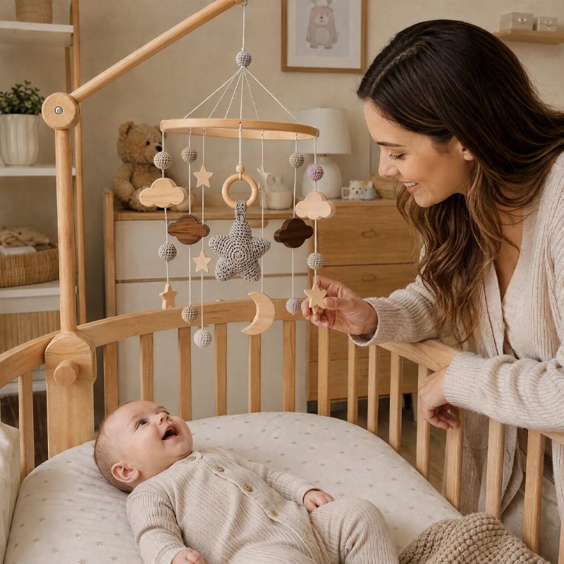 maman regardant mobile bebe en bois etoiles