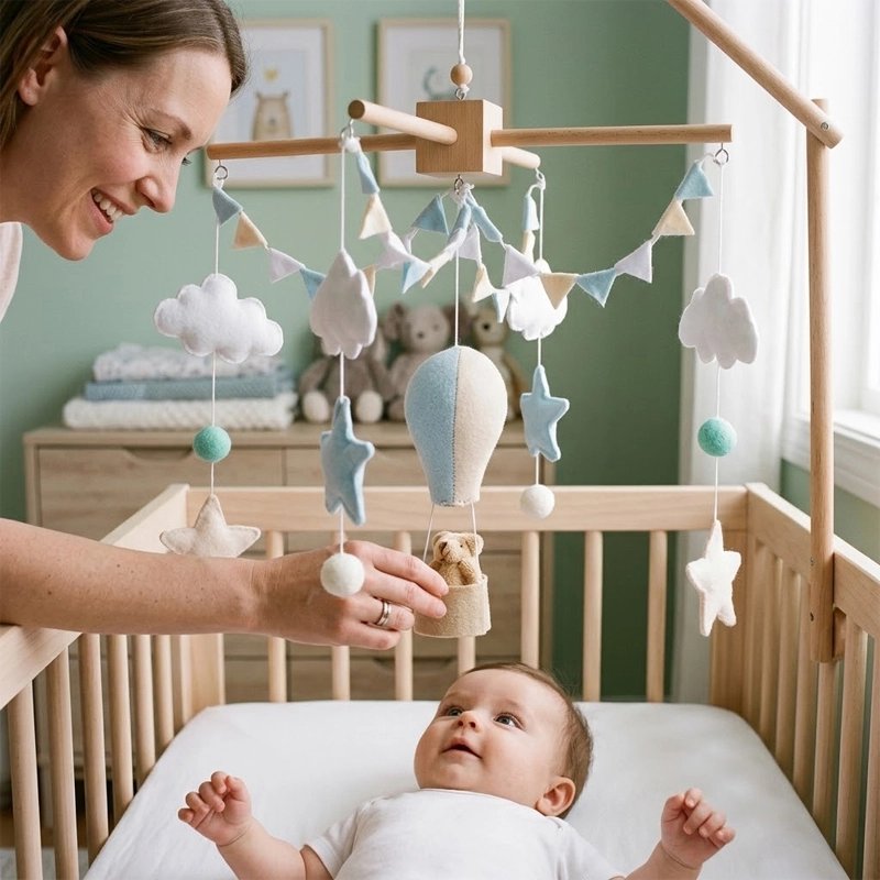 maman regardant mobile bebe montgolfière bleu
