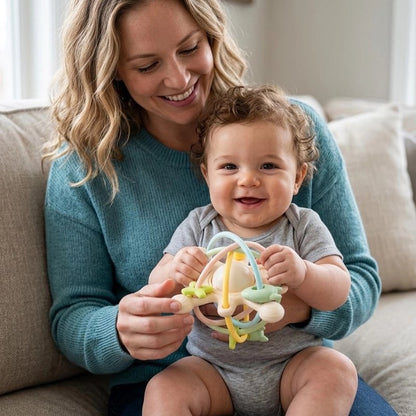 maman souriante avec hochet souple bébé