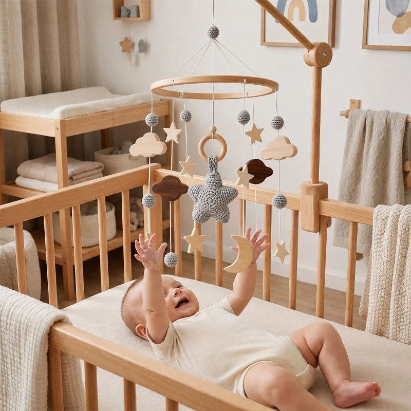 mobile bebe en bois gris nuages lit
