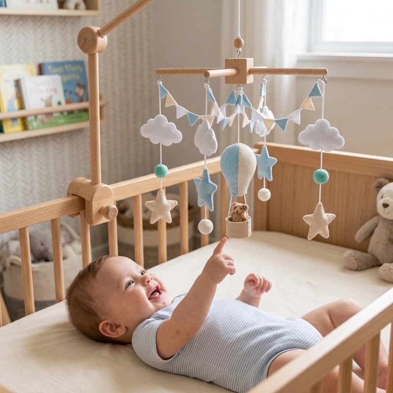 mobile bebe montgolfière bleu étoiles lit