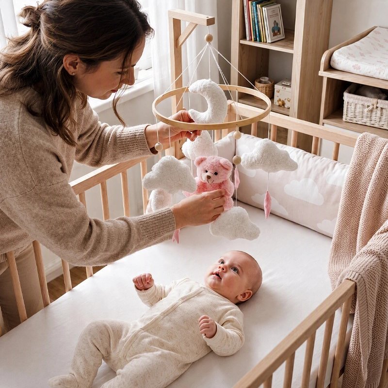 mobile pour lit bébé peluche ourson rose nuages