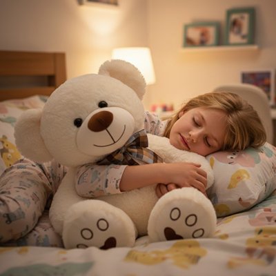 Ours en peluche blanc avec jeune fille qui dort