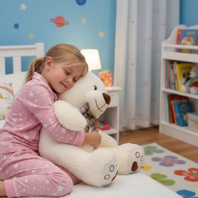 Ours en peluche blanc câliné par une jeune fille
