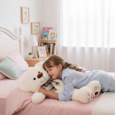 Ours en peluche blanc sur le lit avec jeune fille