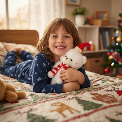 Ours en peluche blanc de noël avec fille sur le lit