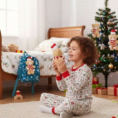 Ours en peluche de noël avec jeune fille assis au sol