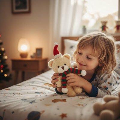 Ours en peluche de noël sur le lit avec garçon
