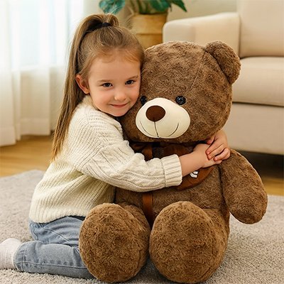 Ours en peluche marron avec jeune fille qui câline 