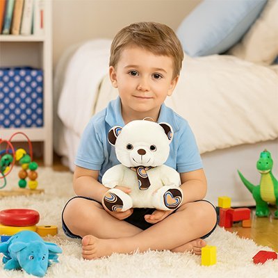 Ours en peluche brun dans les mains d'un garçon assis