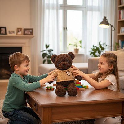 Ours peluche sur une table avec des enfants