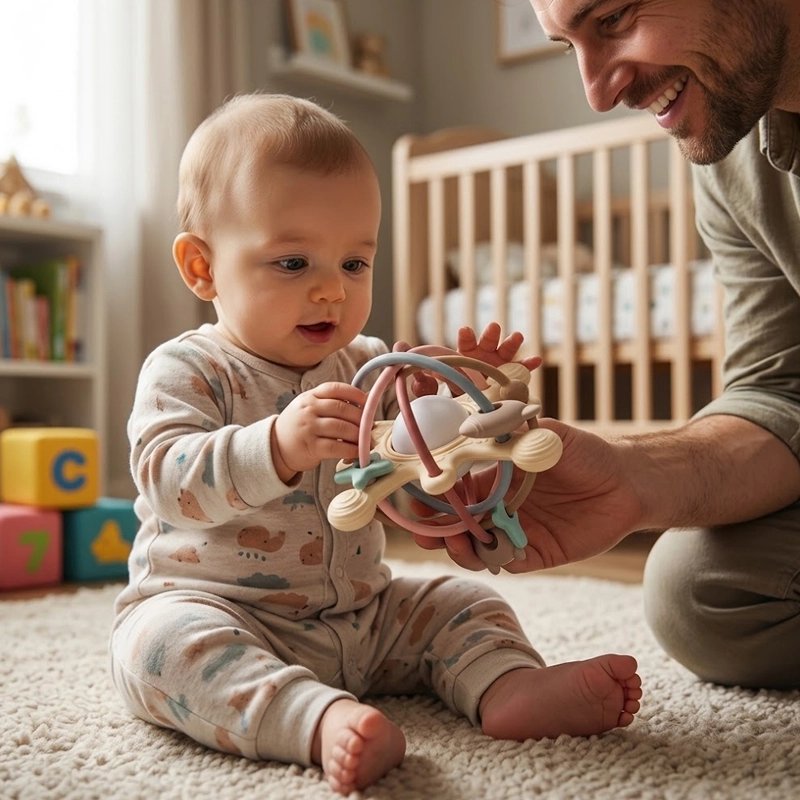papa donnant hochet souple bébé