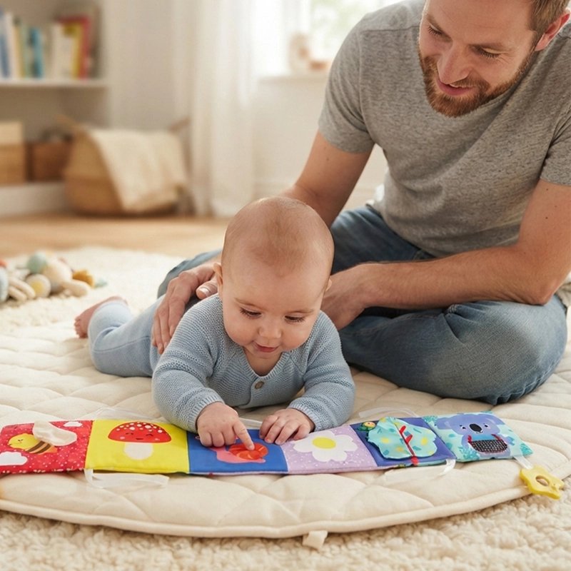 papa et bébé jouant avec livre bebe noir et blanc