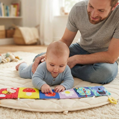papa et bébé jouant avec livre bebe noir et blanc