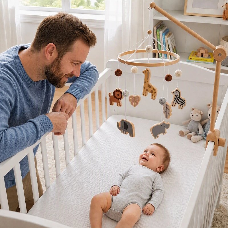 papa regardant bebe sous mobile bebe animaux