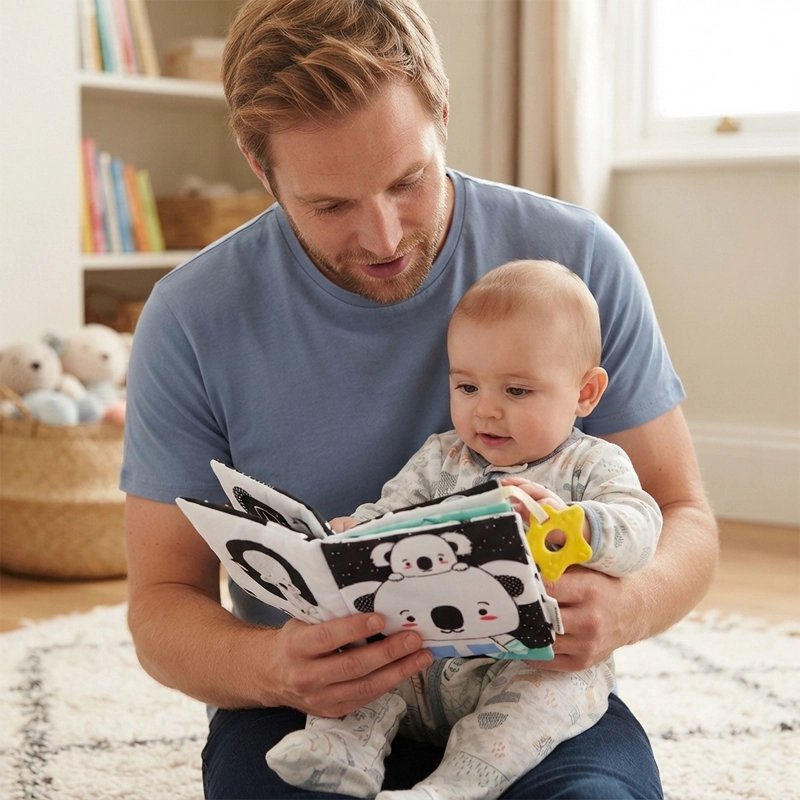 papa regardant livre bebe noir et blanc avec koala