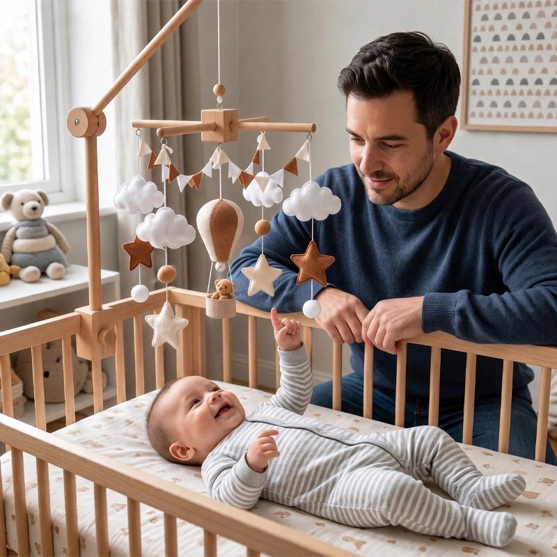 papa souriant avec mobile bebe montgolfière