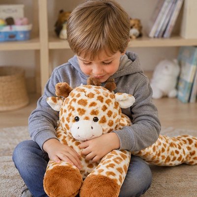 Peluche apaisante lestée girafe avec garçon apaisé