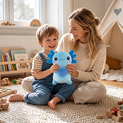 Peluche bleu axolotl dans mains d'un garçon et maman