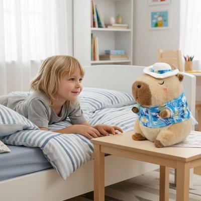 Peluche Capybara chemise bleu sur la table