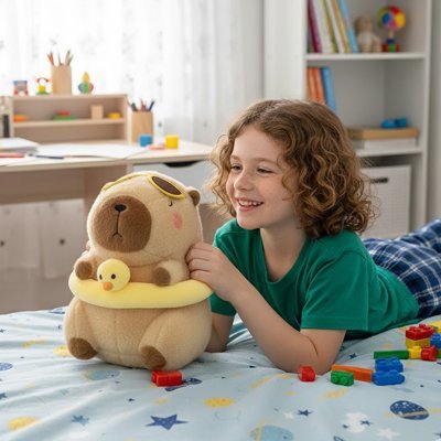 Peluche Capybara canard de plage sur lit avec enfant