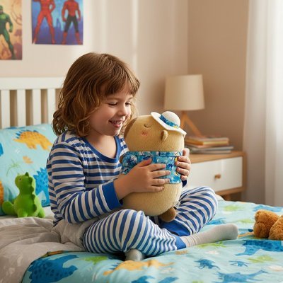 Peluche Capybara chemise bleu avec enfant sur le lit