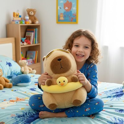 Peluche Capybara canard de plage avec enfant sur le lit