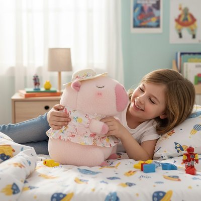Peluche Capybara chemise rose avec jeune fiche sur le lit
