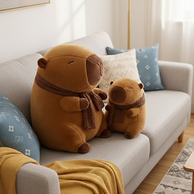 Peluche Capybara kawaii sur canapé dans salon