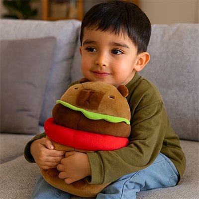 Peluche capybara sur un jeune garçon